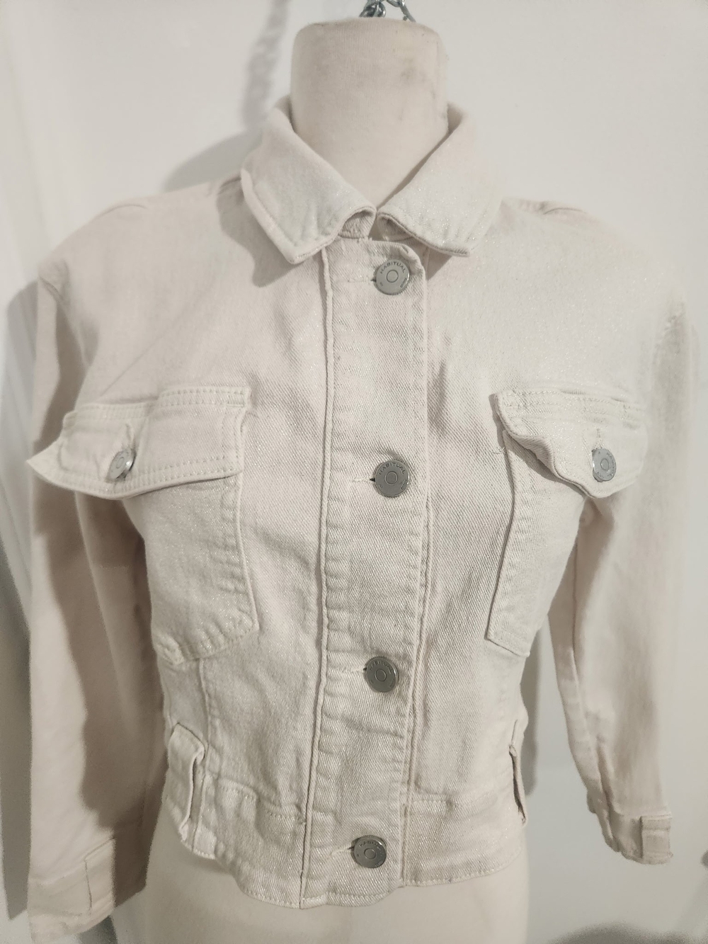 HABITUAL Cream Shimmer Metallic Cropped Denim Jacket Size M
